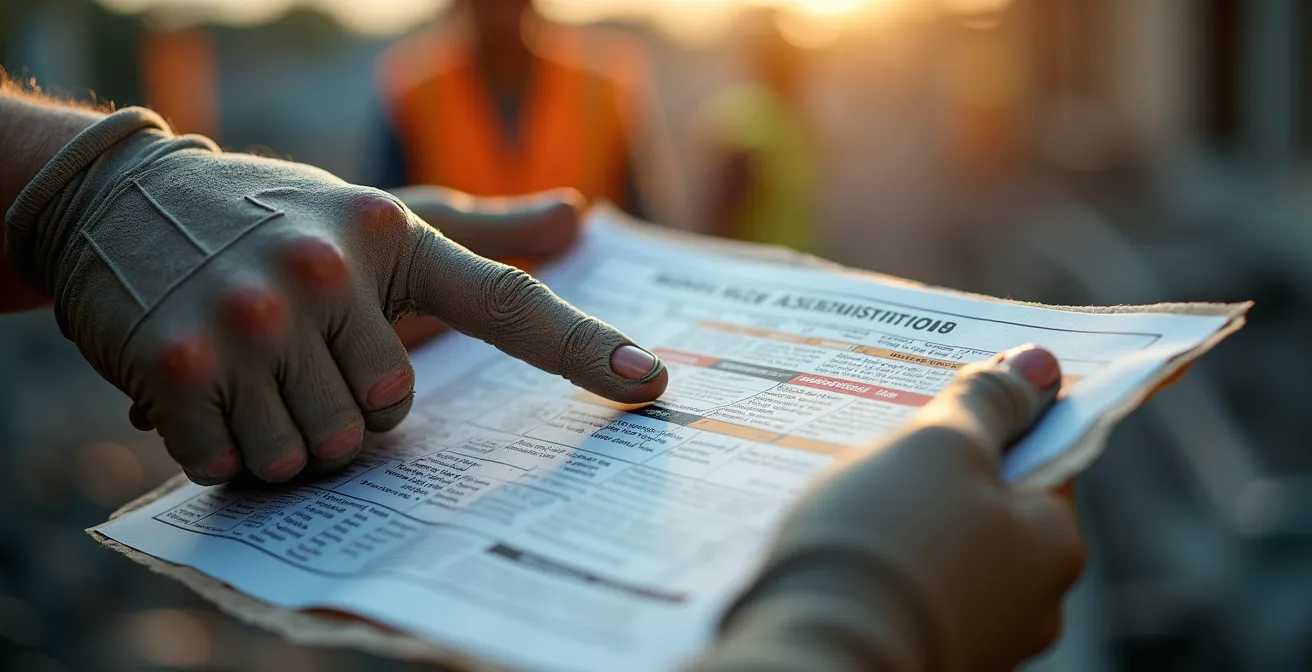 Gros plan sur des mains analysant une carte de risques sur un chantier