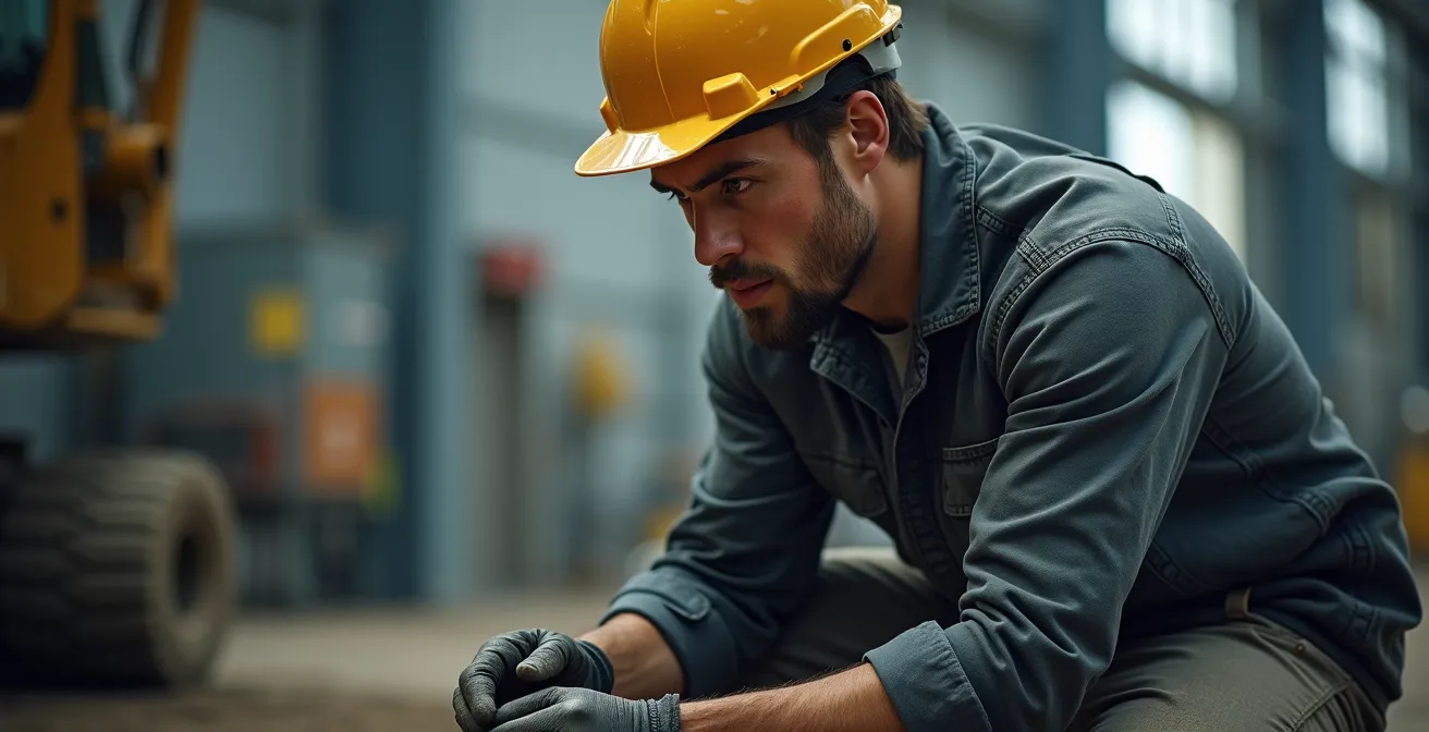 Professionnel en position accroupie testant la flexibilité d'un pantalon de travail technique