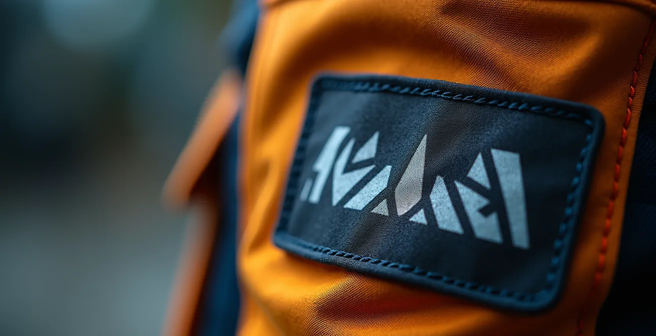 Gros plan sur les étiquettes normatives et certifications d'un pantalon de travail professionnel