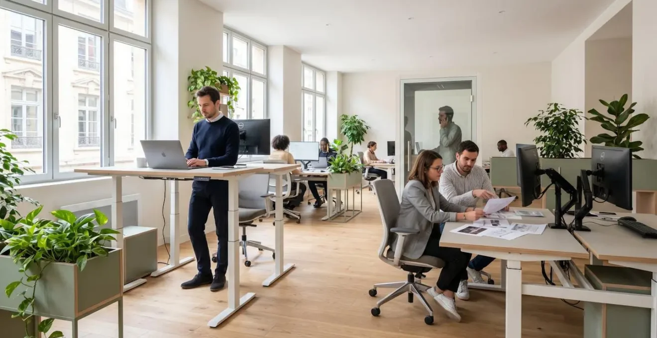 Open space moderne avec bureaux assis-debout réglables, collaborateurs en posture dynamique, cabine acoustique en arrière-plan et lumière naturelle abondante