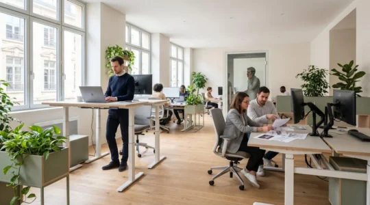 Open space moderne avec bureaux assis-debout réglables, collaborateurs en posture dynamique, cabine acoustique en arrière-plan et lumière naturelle abondante
