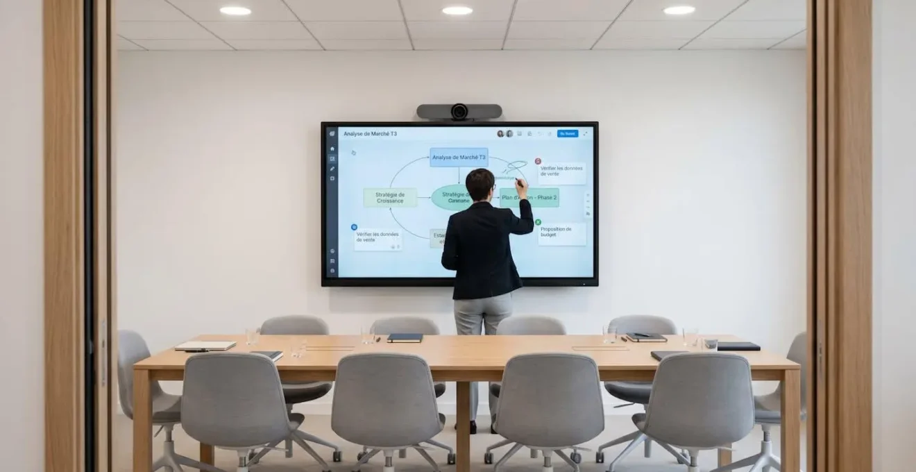 Salle de réunion équipée d'un écran interactif tactile grand format et système visioconférence, professionnel annotant l'écran