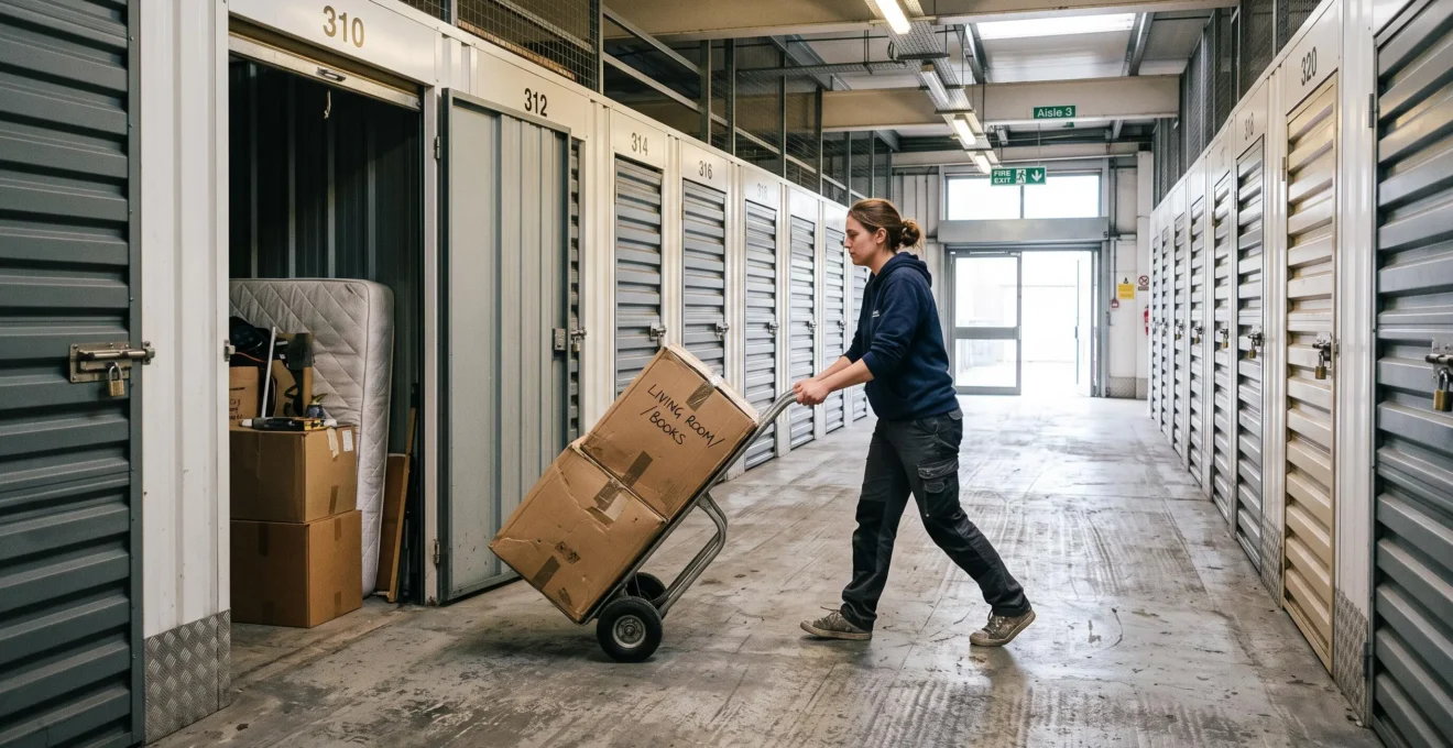 Une personne pousse un diable chargé de cartons dans un couloir de box de stockage.