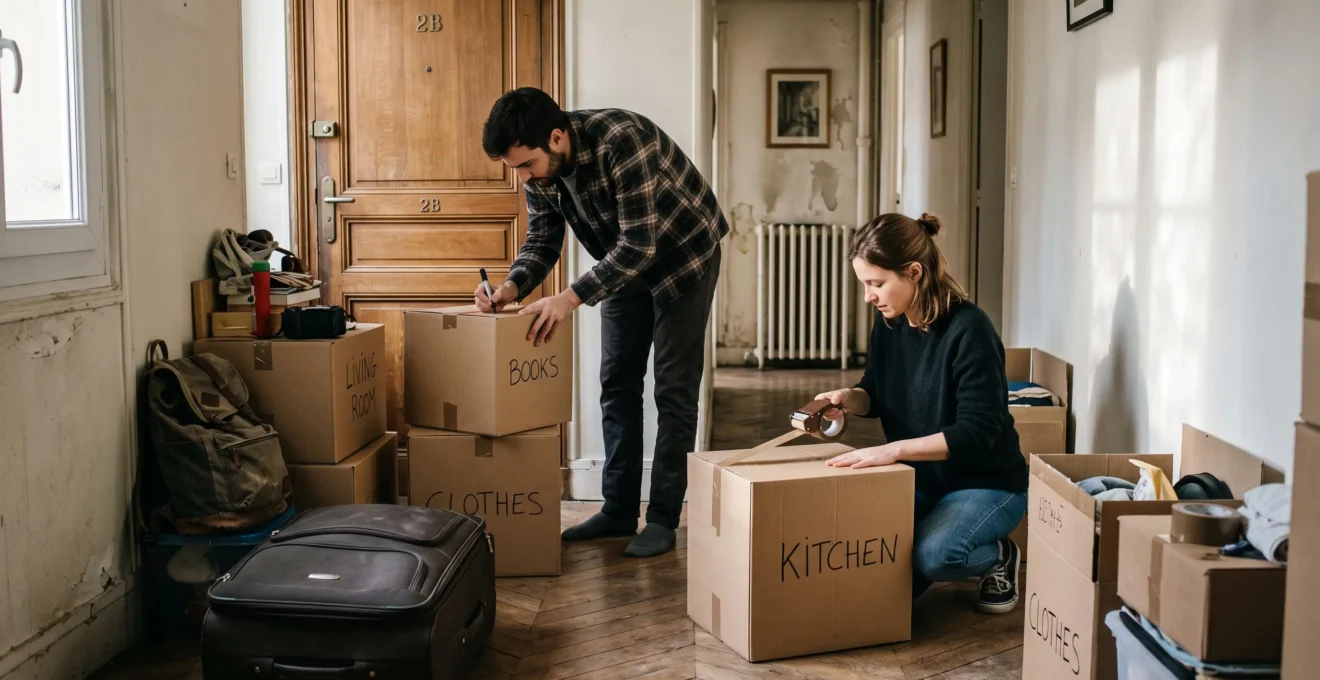 Un couple emballe des cartons dans l'entrée d'un appartement avant un déménagement.