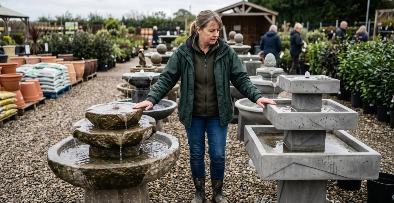 Un acheteur compare une fontaine en pierre et une fontaine en béton.