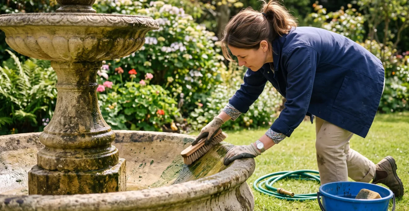Un propriétaire brosse le bassin en pierre de sa fontaine de jardin.
