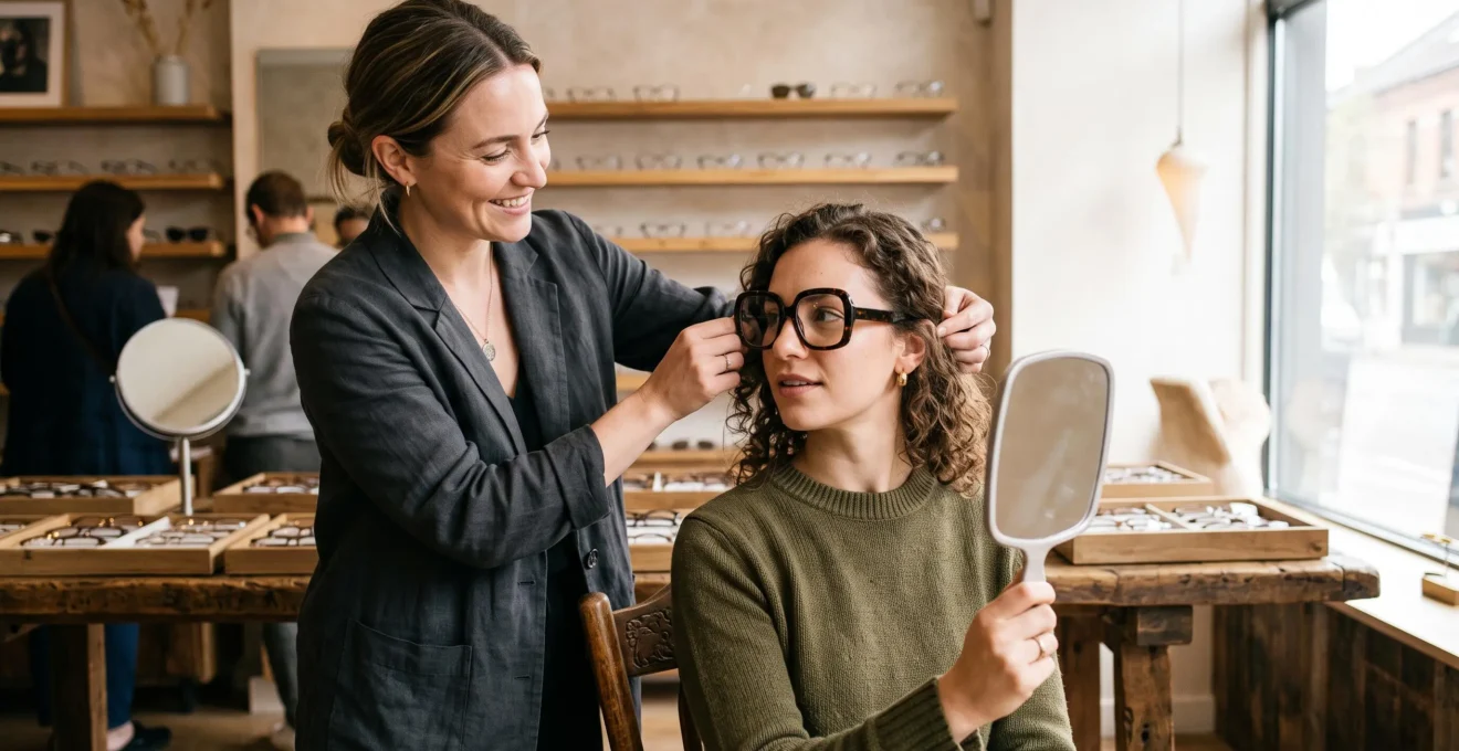Un opticien ajuste une grande monture oversize sur le visage d'une cliente en boutique.