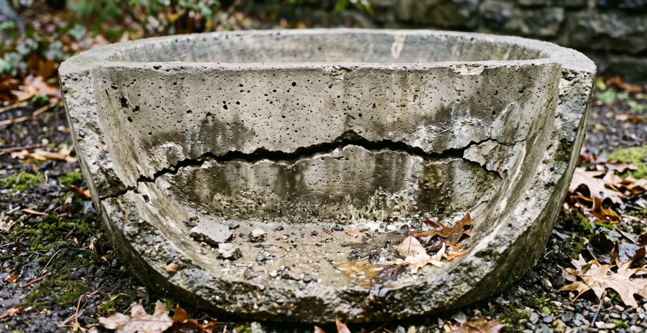 Fissure visible sur la vasque en béton d'une fontaine extérieure.