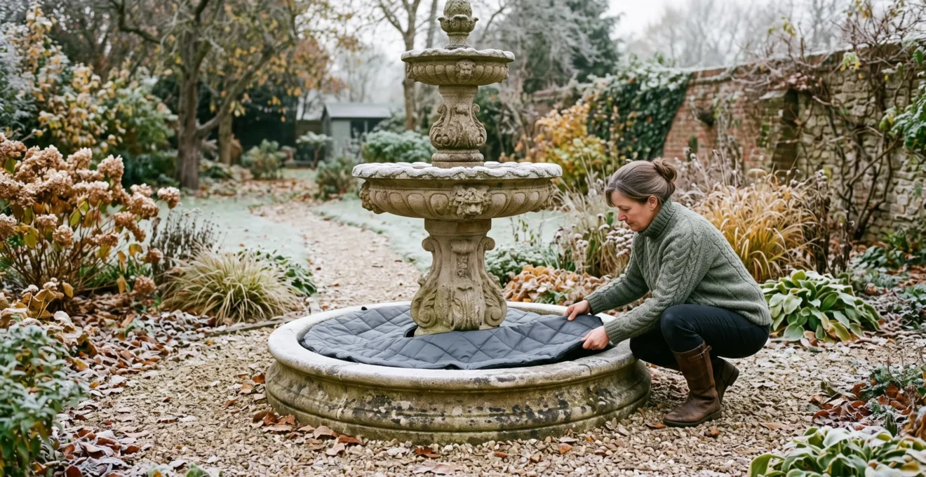 Une personne protège une fontaine de jardin en pierre avant l'hiver.