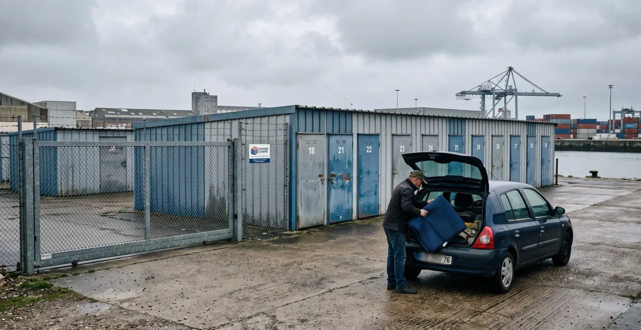 Une personne charge un coffre de voiture devant un bâtiment de self-stockage sous un ciel couvert.