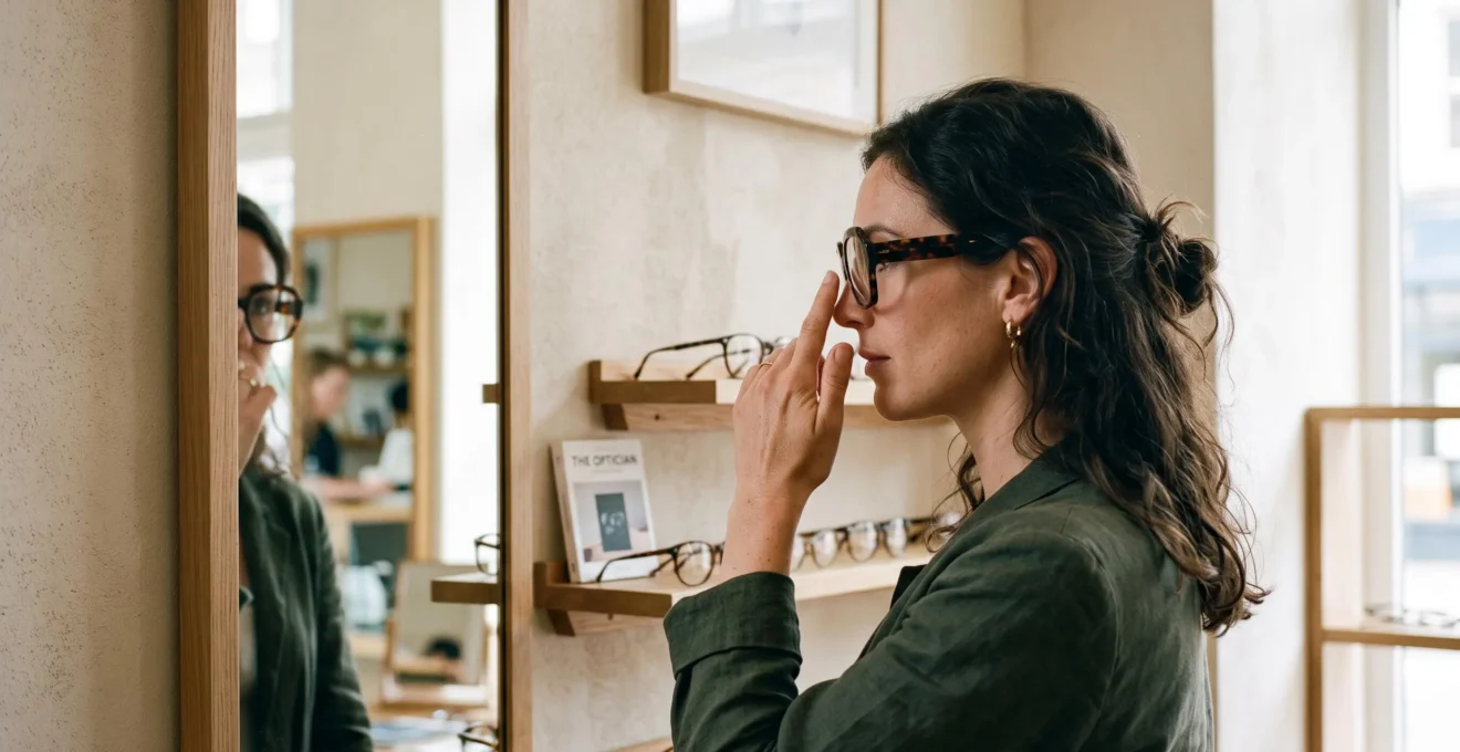Une cliente vérifie devant un miroir l'ajustement de ses grandes lunettes sur le nez.